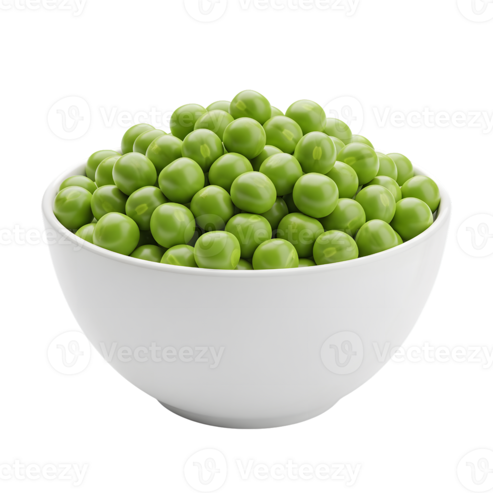 A white bowl filled with fresh green peas showcasing their vibrant color and smooth texture isolated on transparent background png