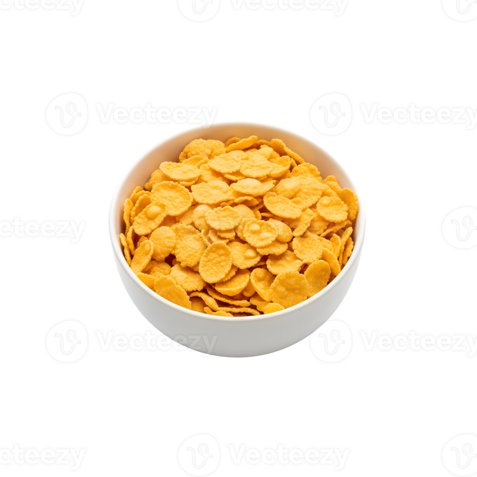 A white bowl filled with golden corn flakes cereal a popular breakfast food isolated on transparent background png