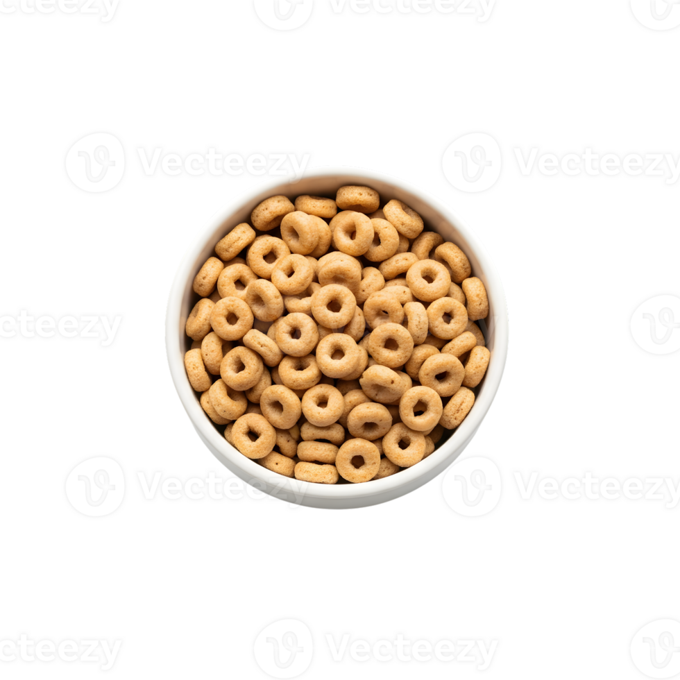 A white bowl filled with golden brown circular cereal loops isolated on a transparent background for easy design integration isolated on transparent background png