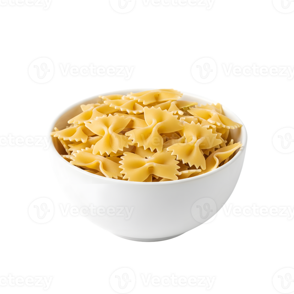 A white bowl filled with dry farfalle pasta showcasing its distinctive bow tie shape and golden hue isolated on transparent background png
