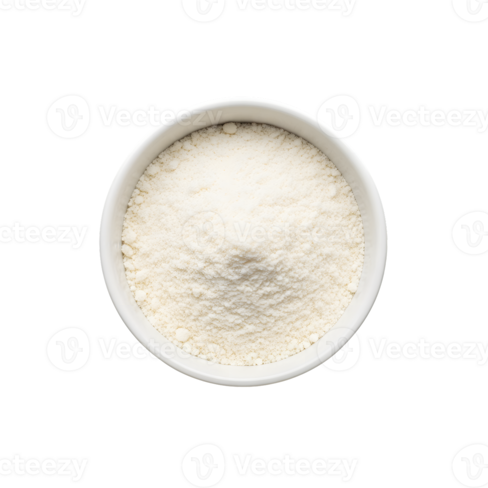 Top view of a white bowl filled with finely ground white powder possibly flour or sugar isolated on transparent background png
