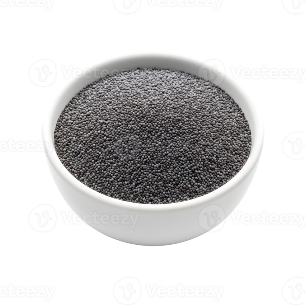 A white ceramic bowl filled with tiny dark blue poppy seeds presented isolated on a transparent background for culinary use isolated on transparent background png
