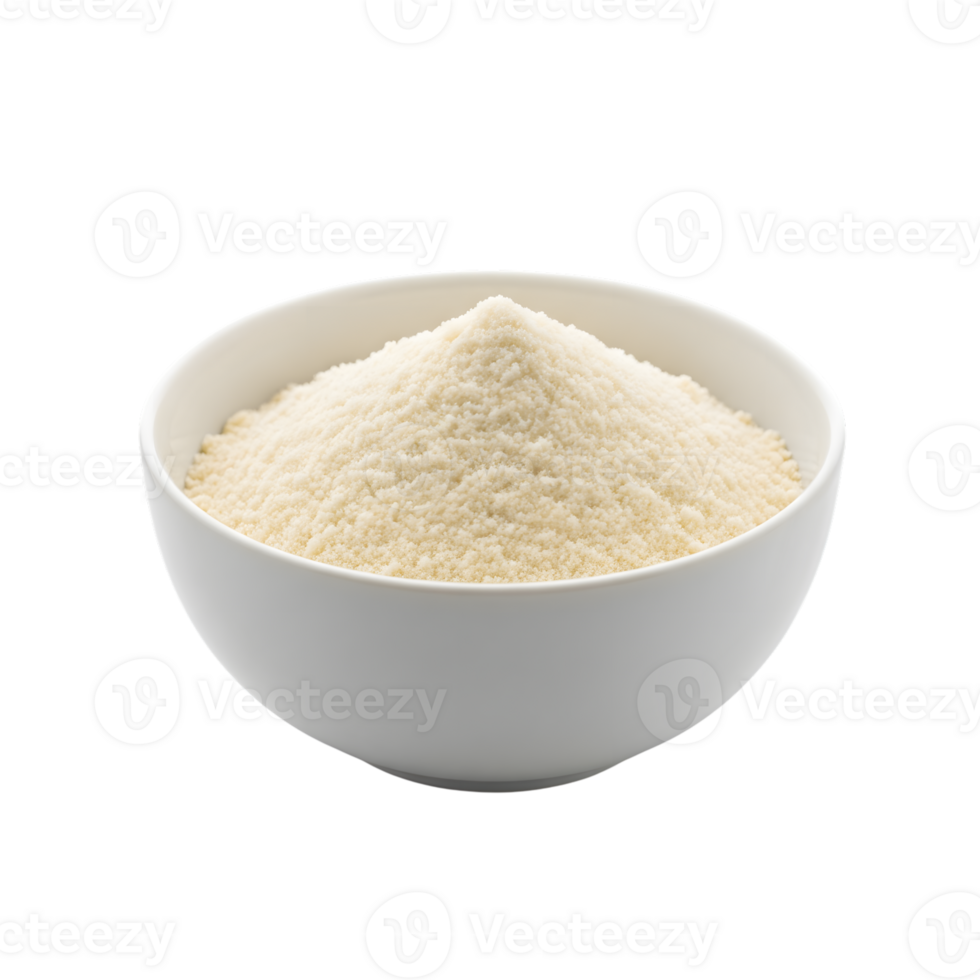 A white ceramic bowl filled with finely ground almond flour creating a textured pile isolated on transparent background png