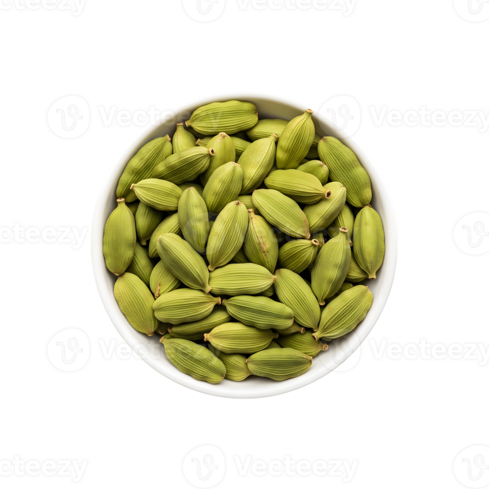 A white bowl filled with numerous green cardamom pods showing their distinct ribbed texture isolated on transparent background png