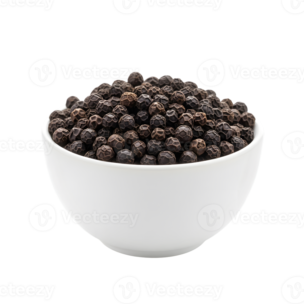 A white bowl filled with whole black peppercorns showcasing their textured surface and dark color isolated on transparent background png