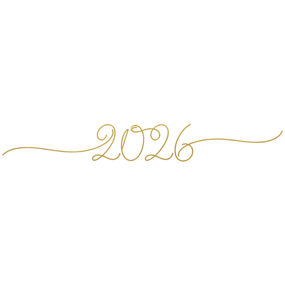 Elegant golden calligraphy script of the year 2026 on a black background for celebrations png