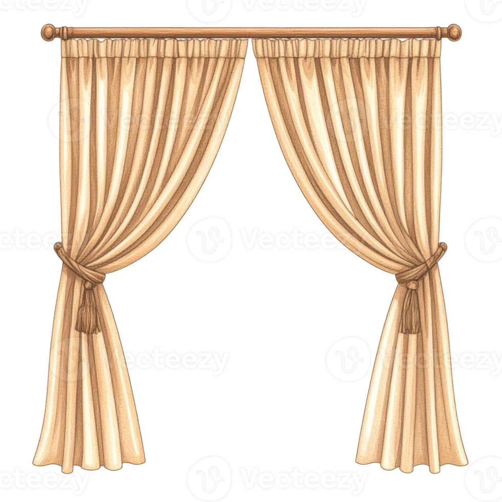 Beige Pleated Curtains with Tassels on Rod png