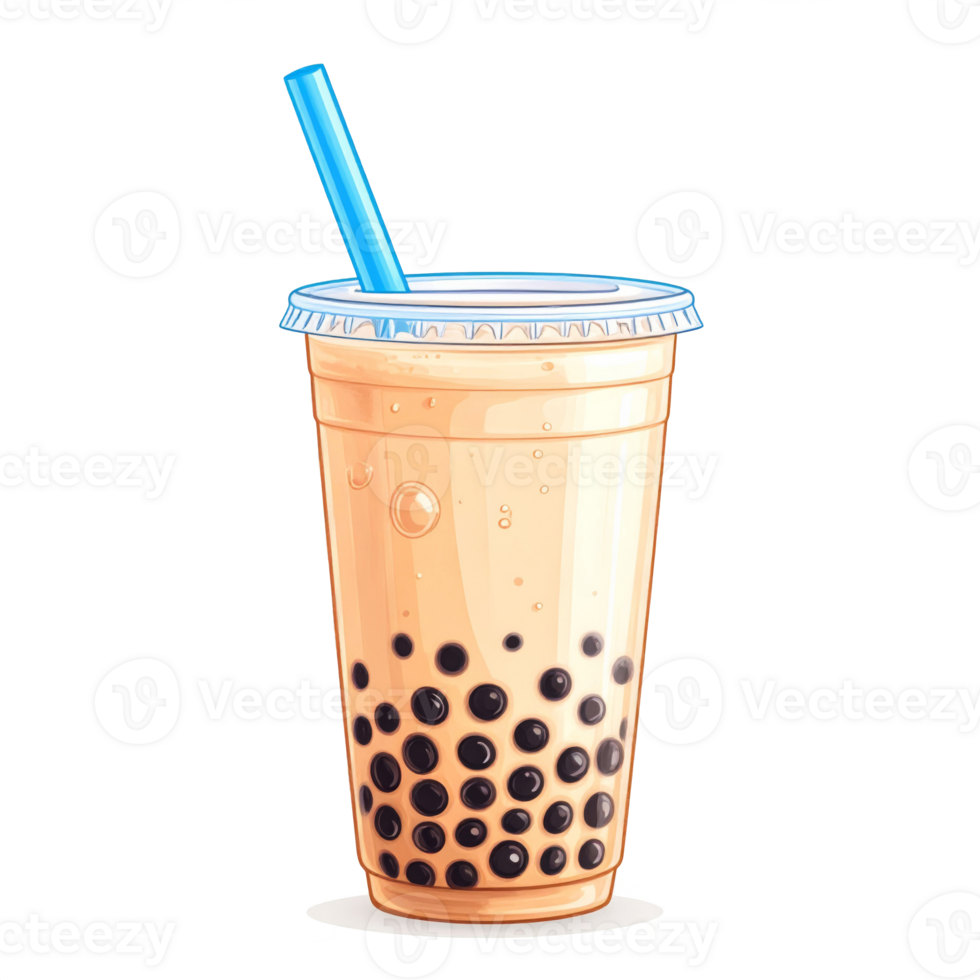 Creamy Beige Bubble Tea in Plastic Cup with Blue Straw png