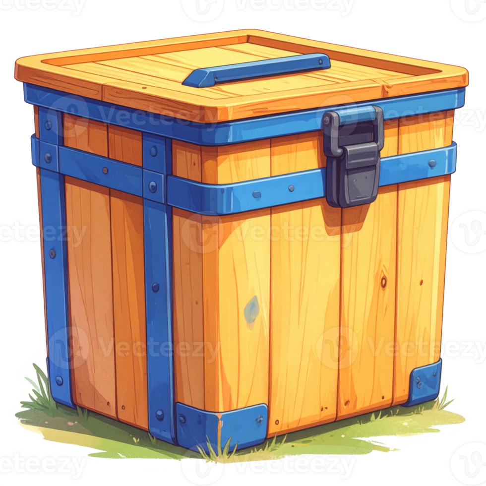 Yellow Wooden Crate with Blue Accents on Grass png