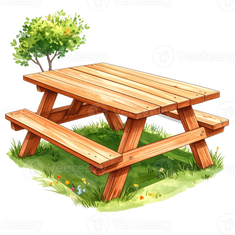 Wooden Picnic Table with Bench in Grassy Area png