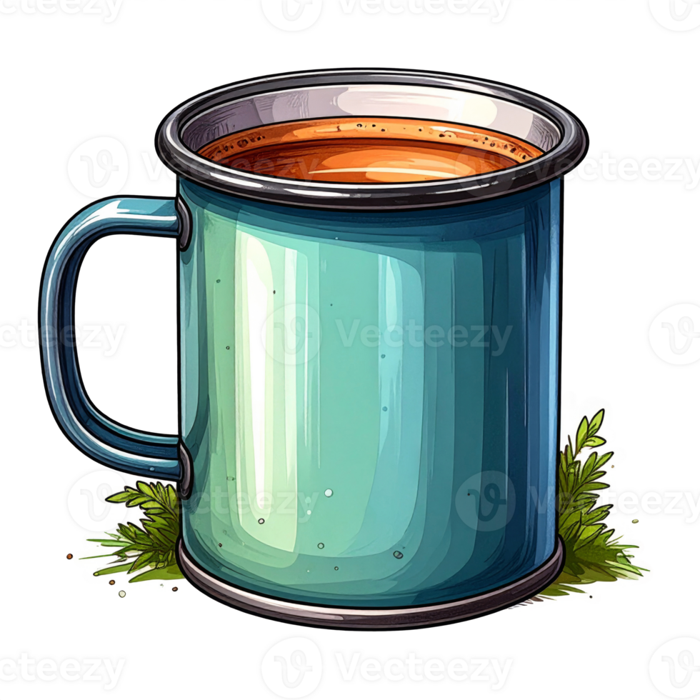 Teal Enamel Mug of Coffee or Tea on Grass png