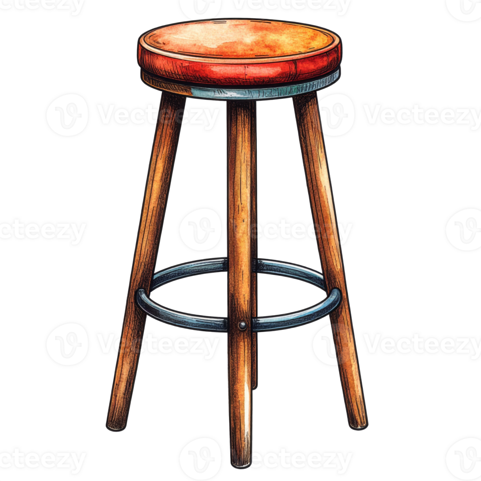 Wooden Bar Stool with Red Seat on Transparent Background png