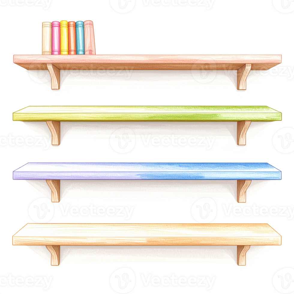 Pastel Colored Wooden Shelves with Books png