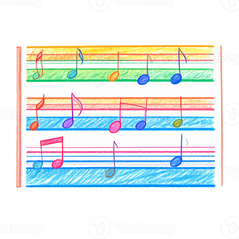 Colorful Crayon Drawing of Musical Notes on Staff png