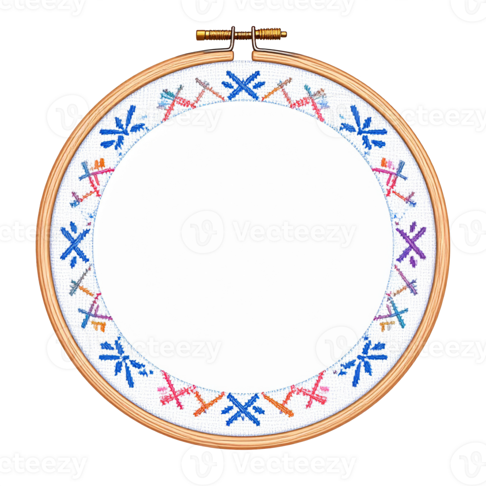 Colorful Cross-Stitch Embroidery Hoop on White Fabric png