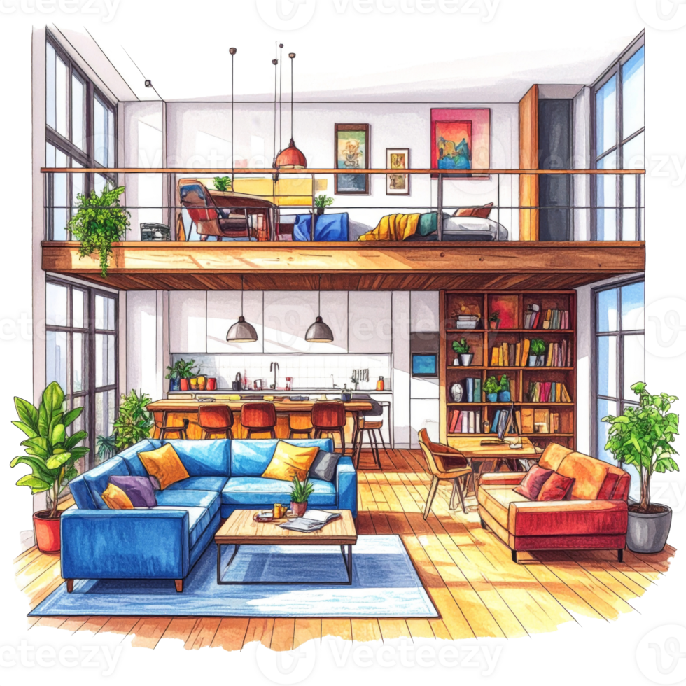 Modern Loft Apartment Interior Design with Sunlight png