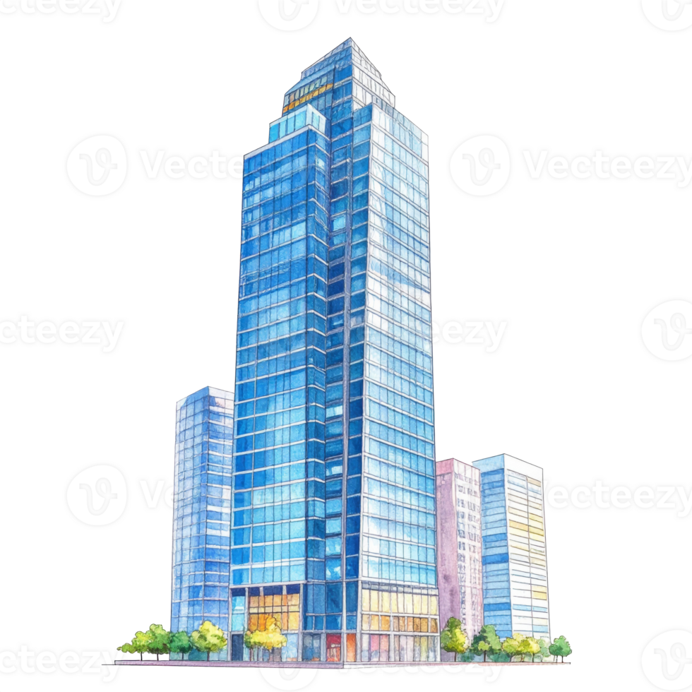 Blue Glass Skyscraper in City Watercolor Illustration png