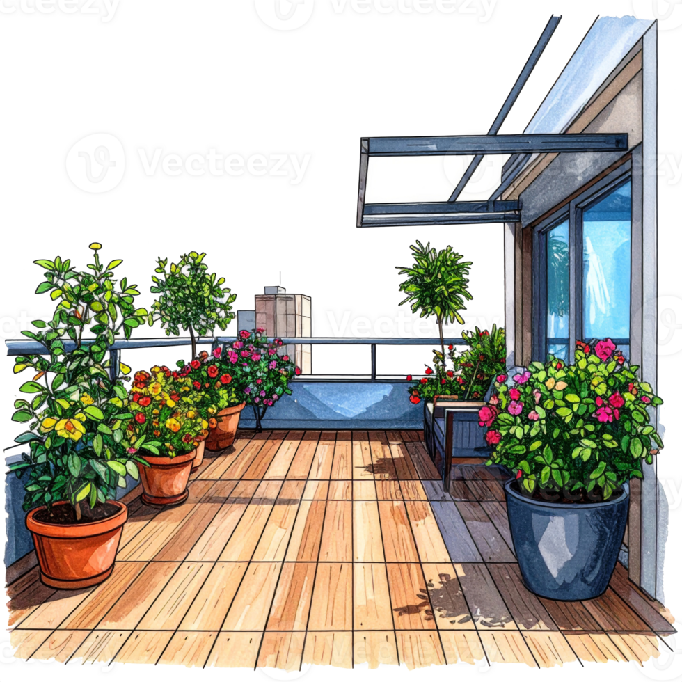 Vibrant Rooftop Garden with Blooming Flowers and City View png