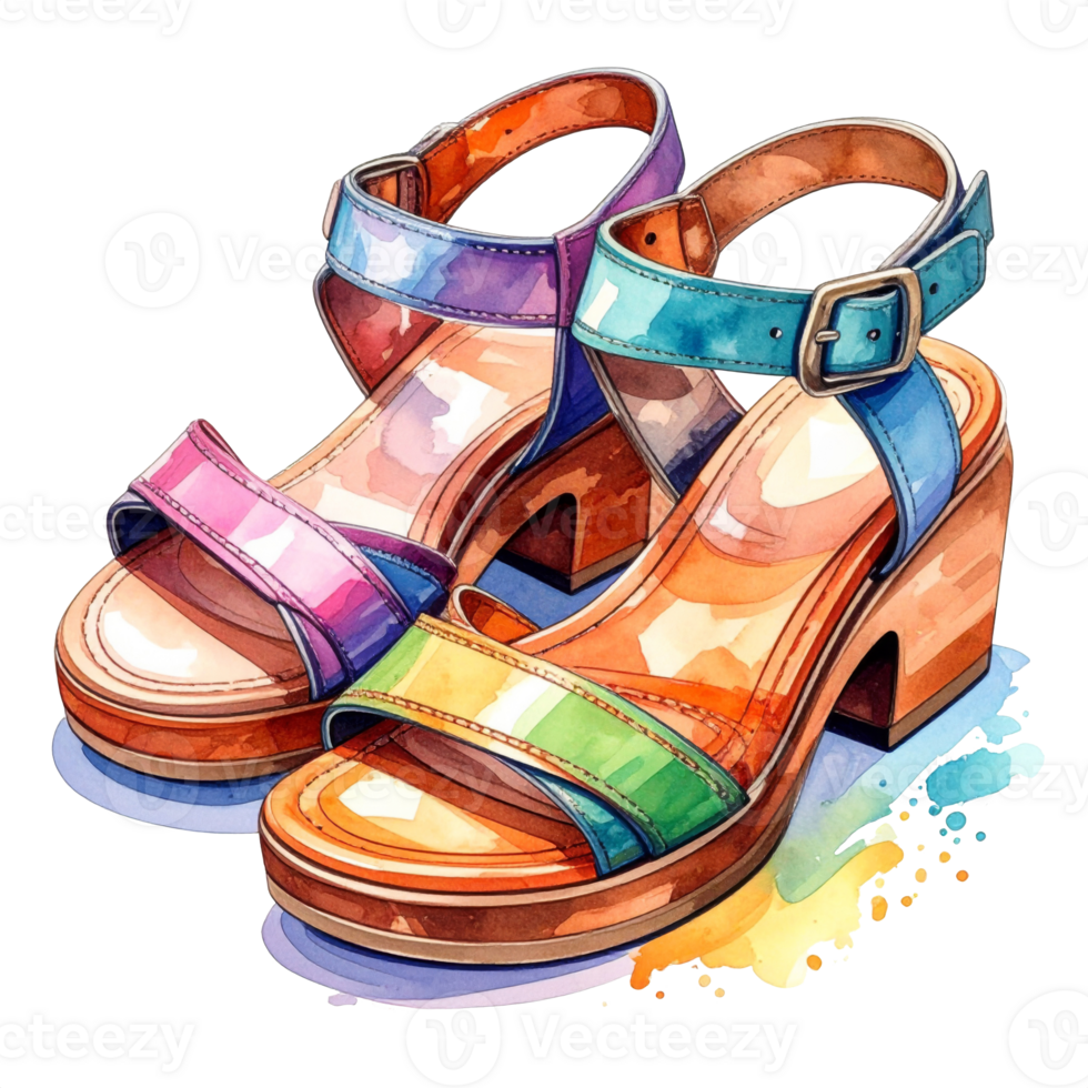 Colorful Watercolor Platform Sandals on Transparent Background png