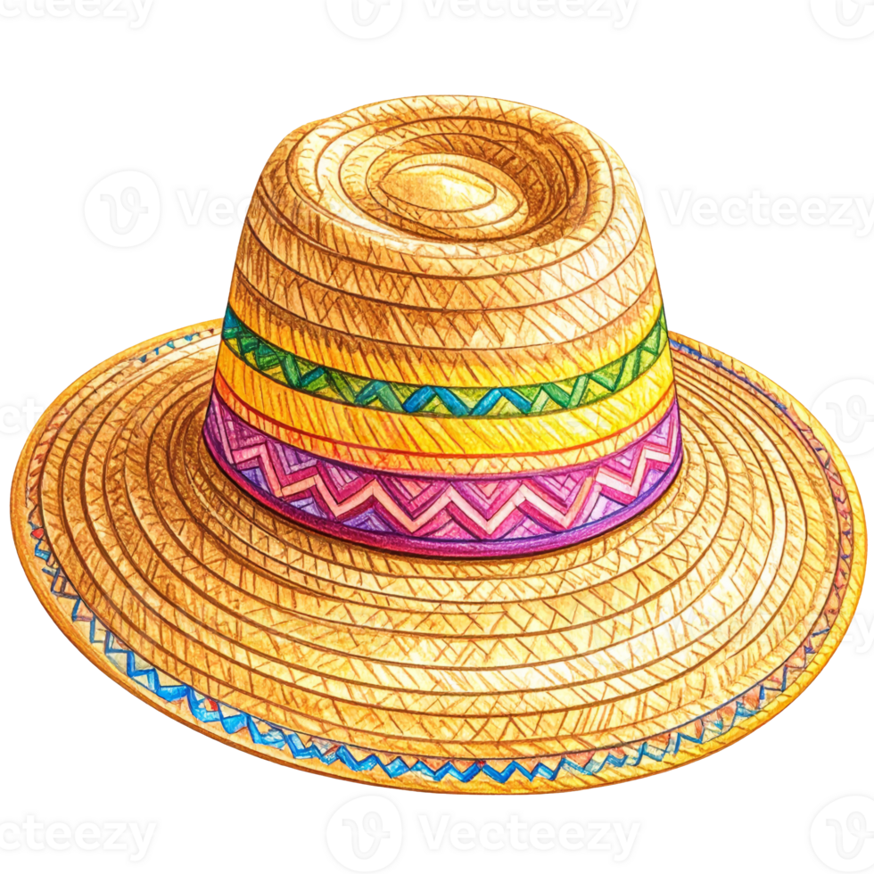 Tan Straw Hat with Colorful Zigzag Band png