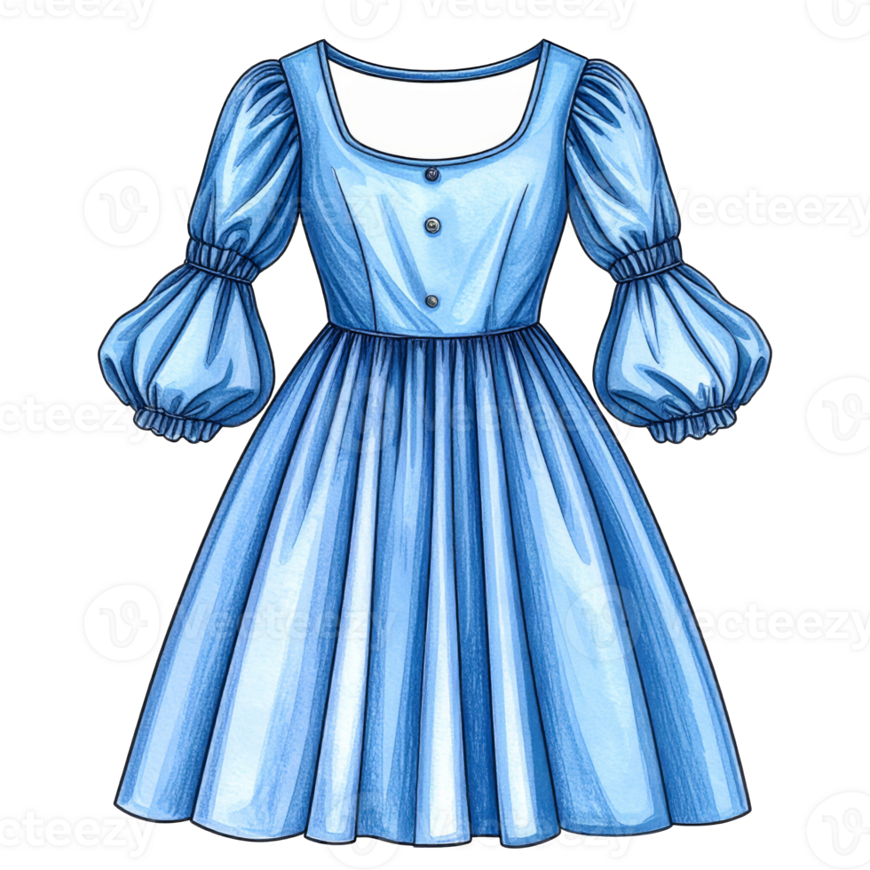 Light Blue Puff Sleeve A-Line Dress Illustration png