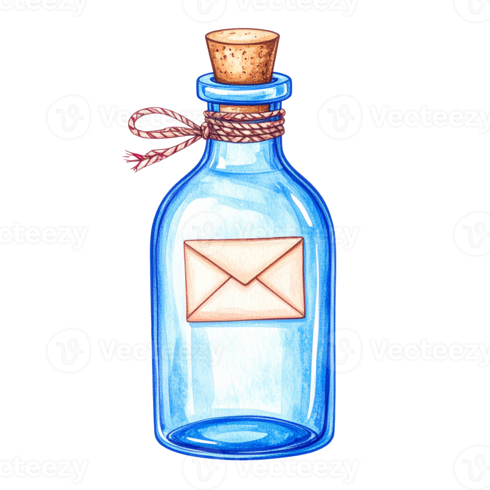 Blue Glass Bottle with Message and Cork png