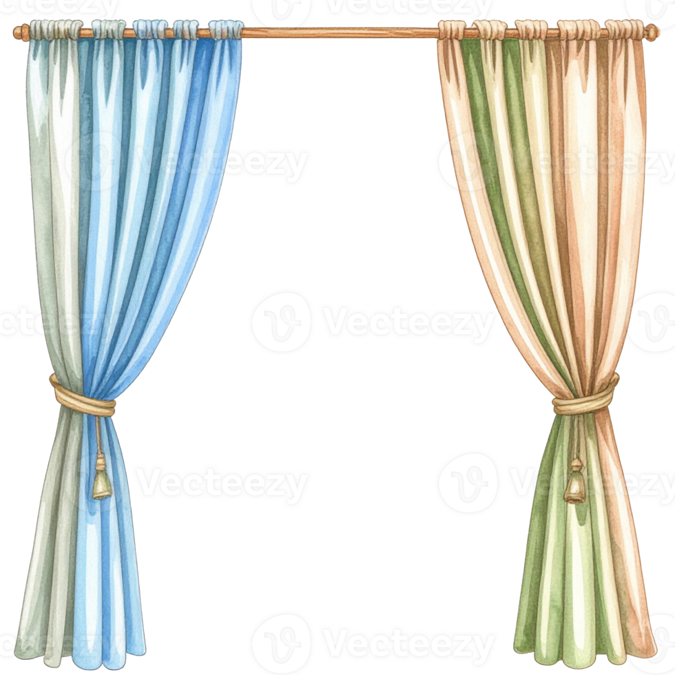 Watercolor Illustration of Elegant Blue Beige Green Curtains png