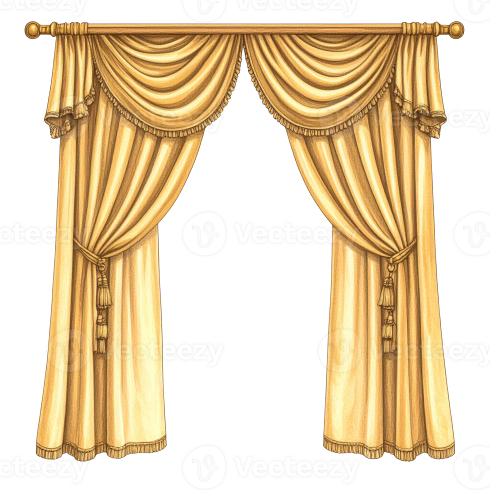 Elegant Gold Curtains with Classic Drapes and Tassels png