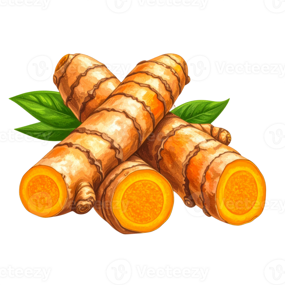Golden Turmeric Roots with Green Leaves png