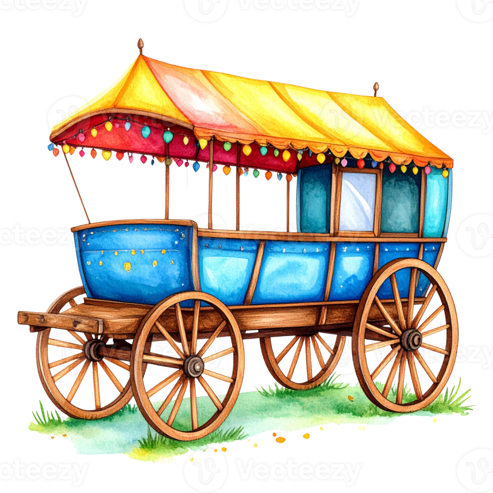 Watercolor Illustration of a Blue and Yellow Wagon png