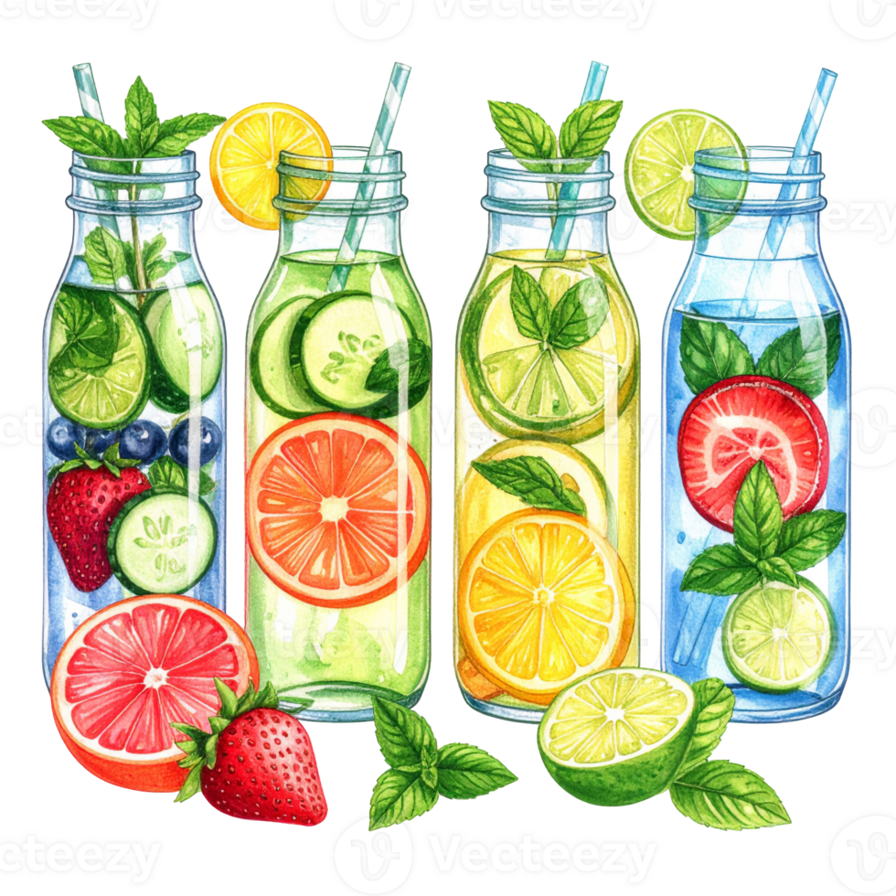 Colorful Fruit Infused Water in Glass Bottles png