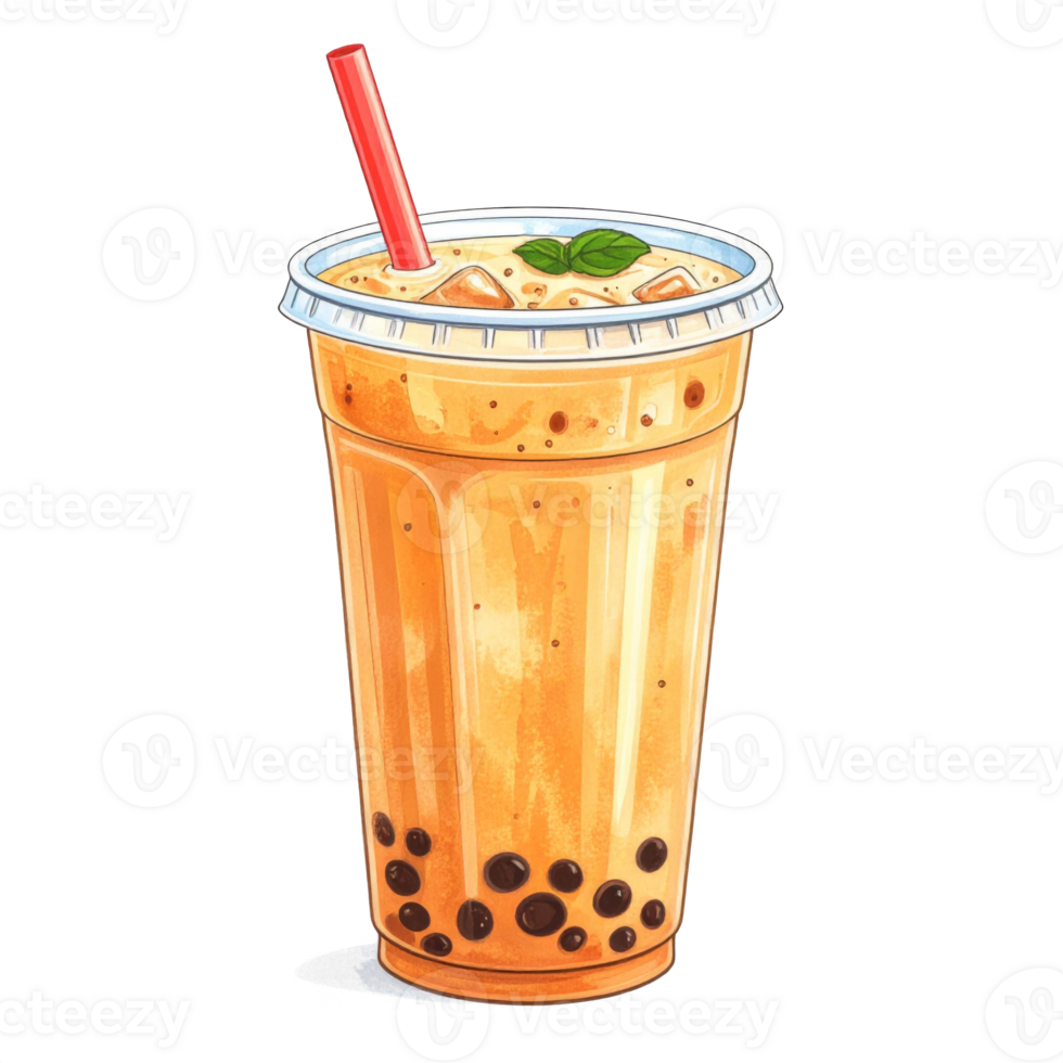 Refreshing Orange Bubble Tea with Brown Pearls in Plastic Cup png