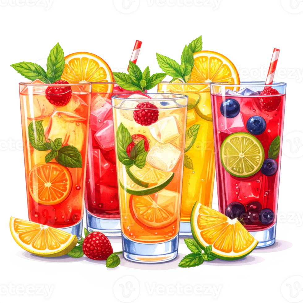 Colorful Fruit Cocktails in Glasses with Ice png