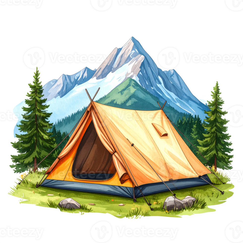 Orange Tent and Majestic Mountain Landscape png