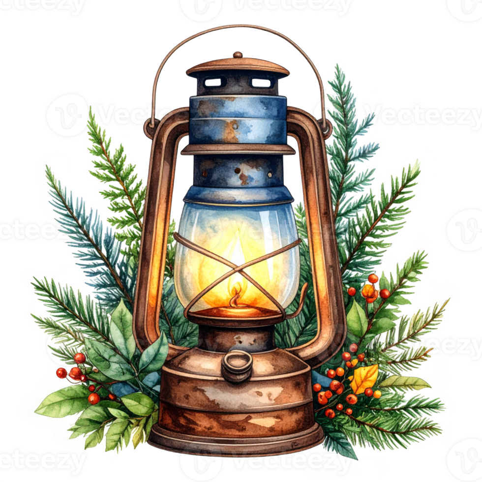 Rustic Watercolor Lantern with Evergreen Branches png