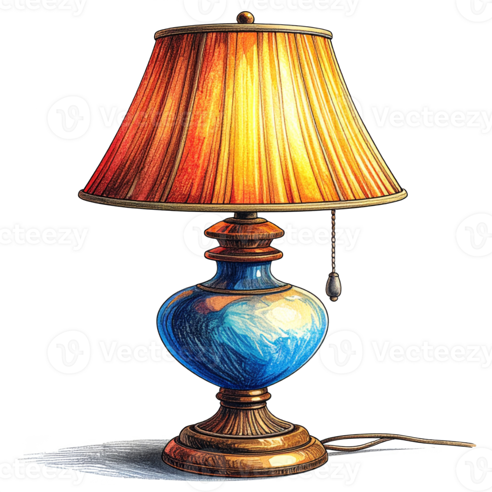Blue and Gold Table Lamp with Orange Pleated Shade png