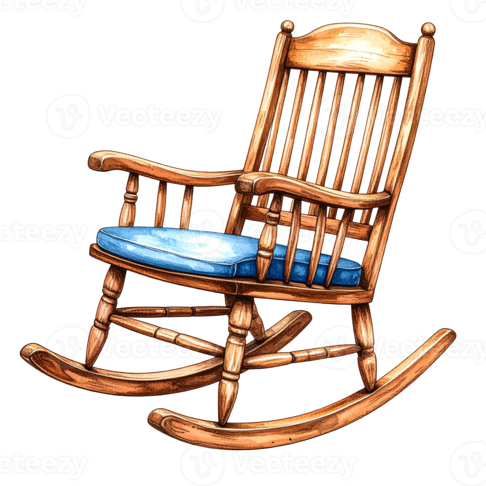 Wooden Rocking Chair with Blue Cushion png