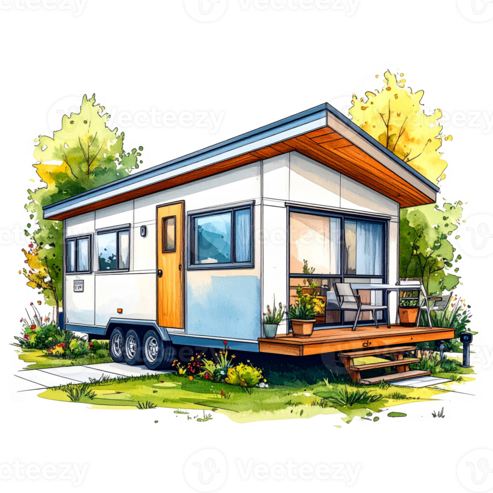Modern Tiny House Trailer Design Watercolor Illustration png