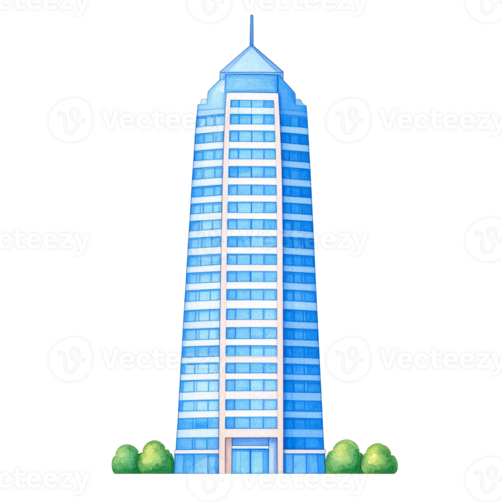 Tall Blue Office Building Watercolor Illustration png