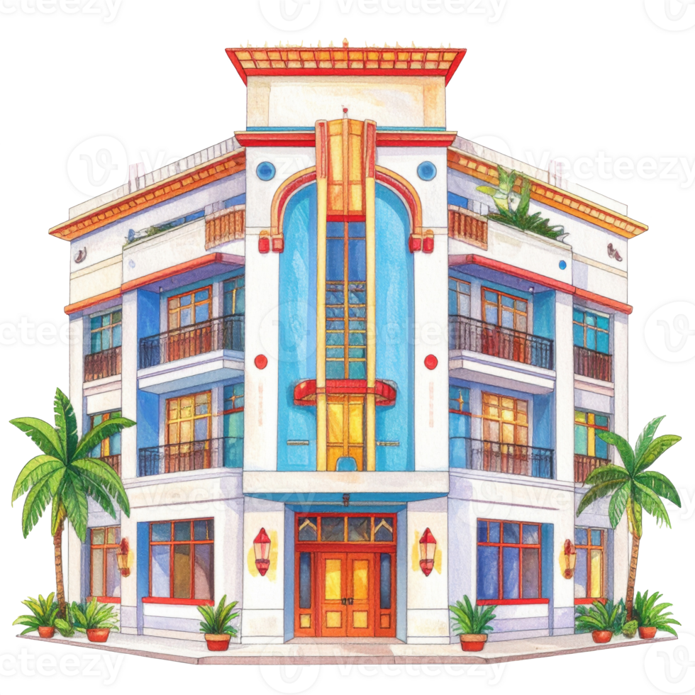 Watercolor Illustration of a Retro Building png