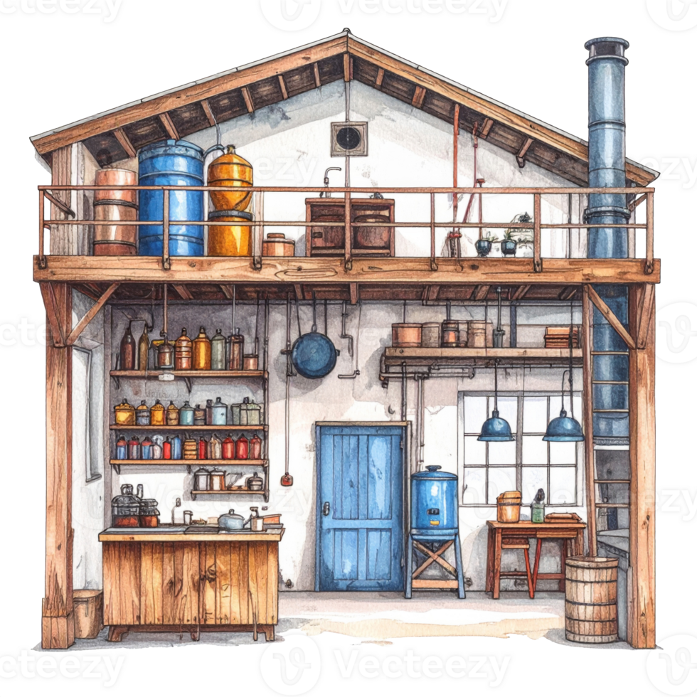 Rustic Vintage Workshop Interior with Mezzanine png