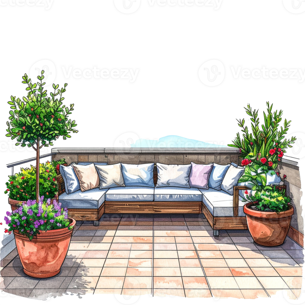 Rooftop Terrace with Sectional Sofa and Lush Greenery png