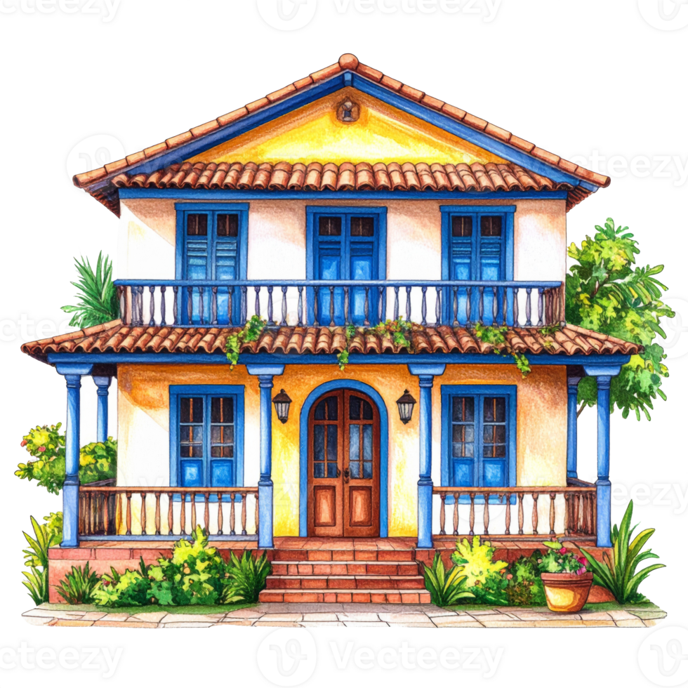 Yellow and Blue Two Story Colonial House Illustration png