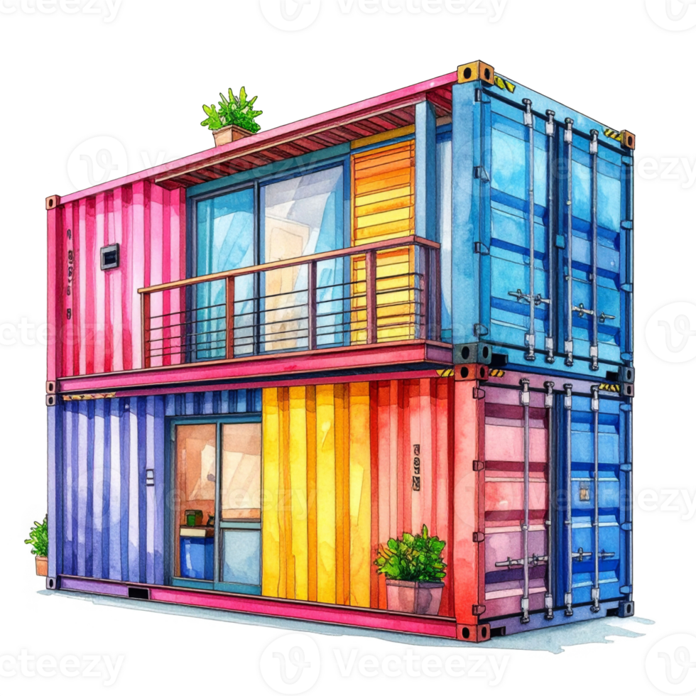 Colorful Watercolor Painting of a Modern Shipping Container House png