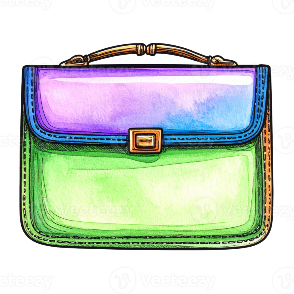 Watercolor Illustration of a Green and Purple Handbag png