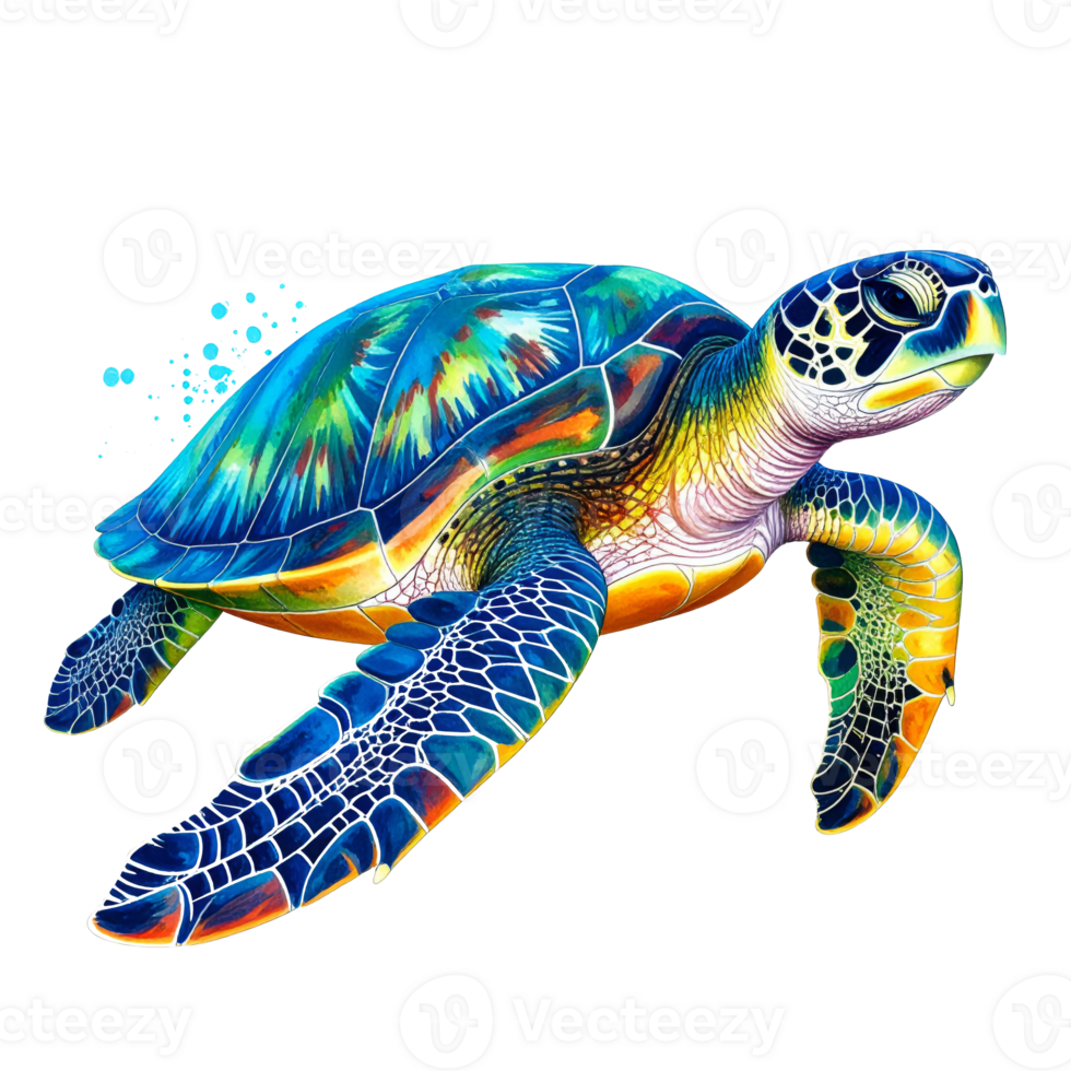 Vibrant Sea Turtle with Colorful Shell on Transparent Background png
