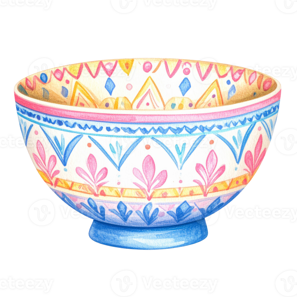 Colorful Hand-painted Ceramic Bowl with Geometric Pattern png
