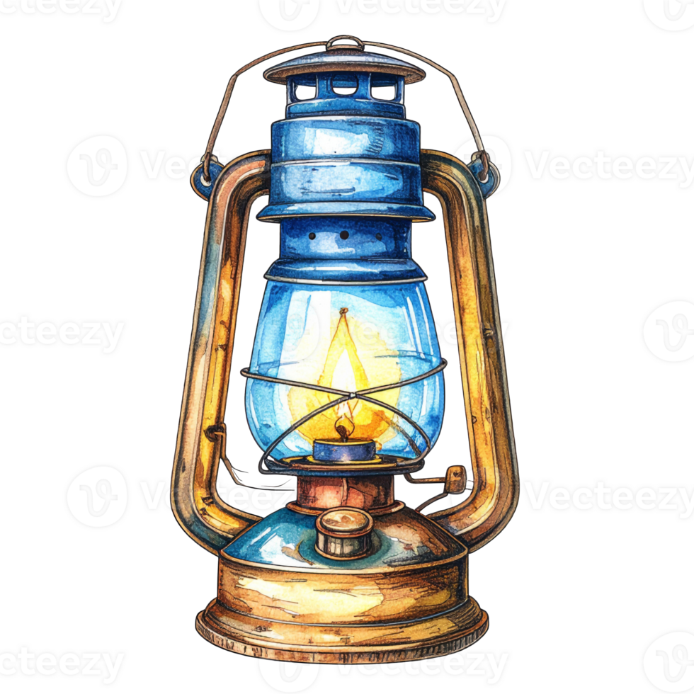 Vintage Blue and Gold Oil Lantern with Glowing Flame png