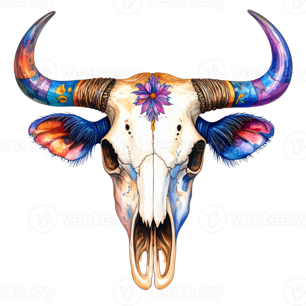 Colorful Ornate Bull Skull Illustration png
