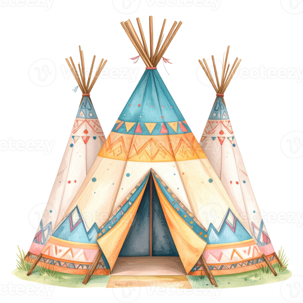 Three Watercolor Teepees with Geometric Patterns png
